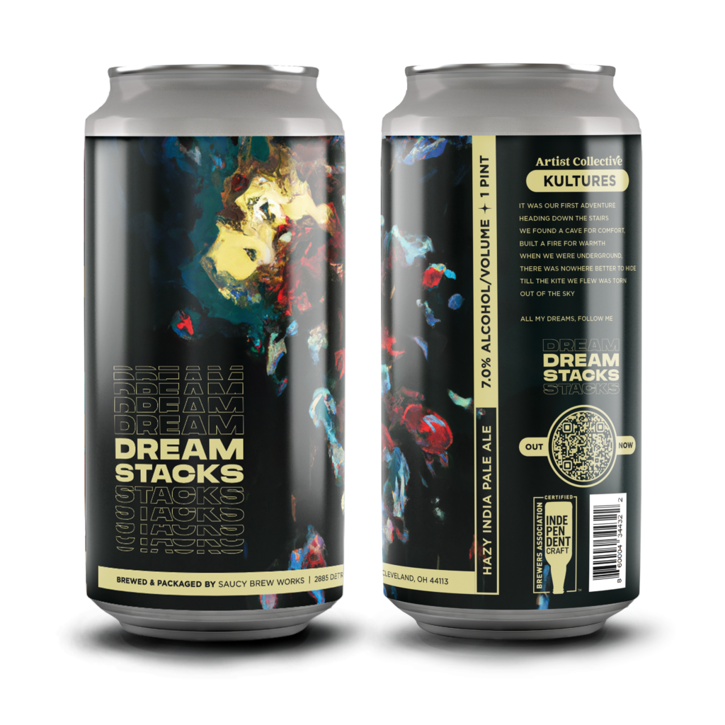 Two cans of Dreamstacks - Hazy IPA by Saucy Brew Works and Kultures.